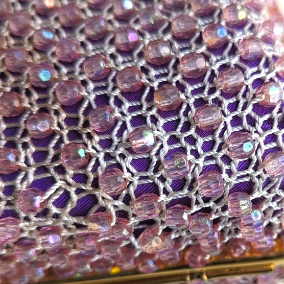 Bead Crochet Top Handle Kiss Lock Frame Bag Pink Purple Gold - Picture 6 of 11